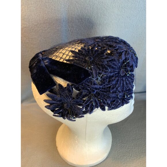 Ladies Navy Flowers with Velvet Bow Hat Vintage - Picture 4 of 9